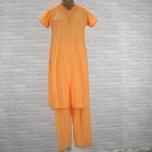 HANDMADE Kurta Set Peach Tunic Pants Orange Silver Embroidered Sequin Metallic
